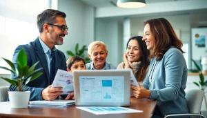 Discussing Life insurance options with a family in a professional setting.