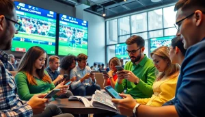 Engaging scene of diverse users interacting with online sportsbooks India on mobile devices in a modern setting.