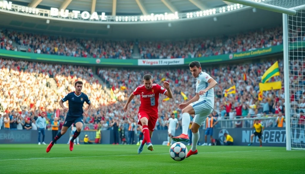 축구중계 경기 중 후방 관중들이 응원하는 모습