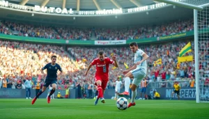 축구중계 경기 중 후방 관중들이 응원하는 모습