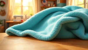 Fleece stof op een houten tafel met een ontspannen sfeer en zachte textuur.