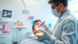 Dentist caring for a patient in a bright dental office environment.