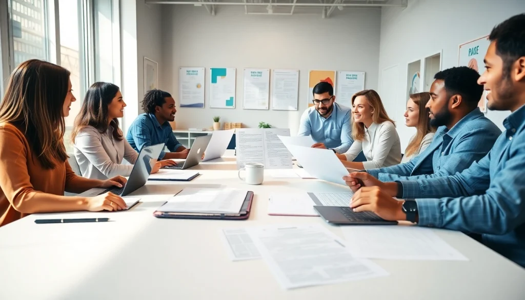 Team collaborating on Proposal Writing and Management in a vibrant office environment.