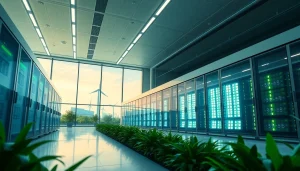 Cloud mining bitcoin facility powered by renewable energy, featuring data servers and green technology.