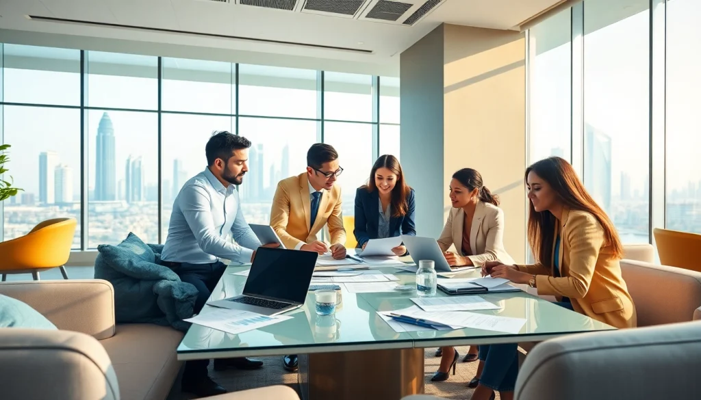 Business Consultants in Dubai collaborating in a modern office setting during a meeting.