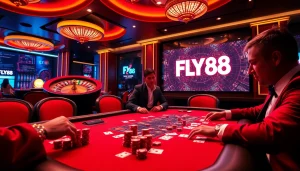 Experience the thrill of gambling at FLY88's luxurious poker night, featuring vibrant tables and engaging players.