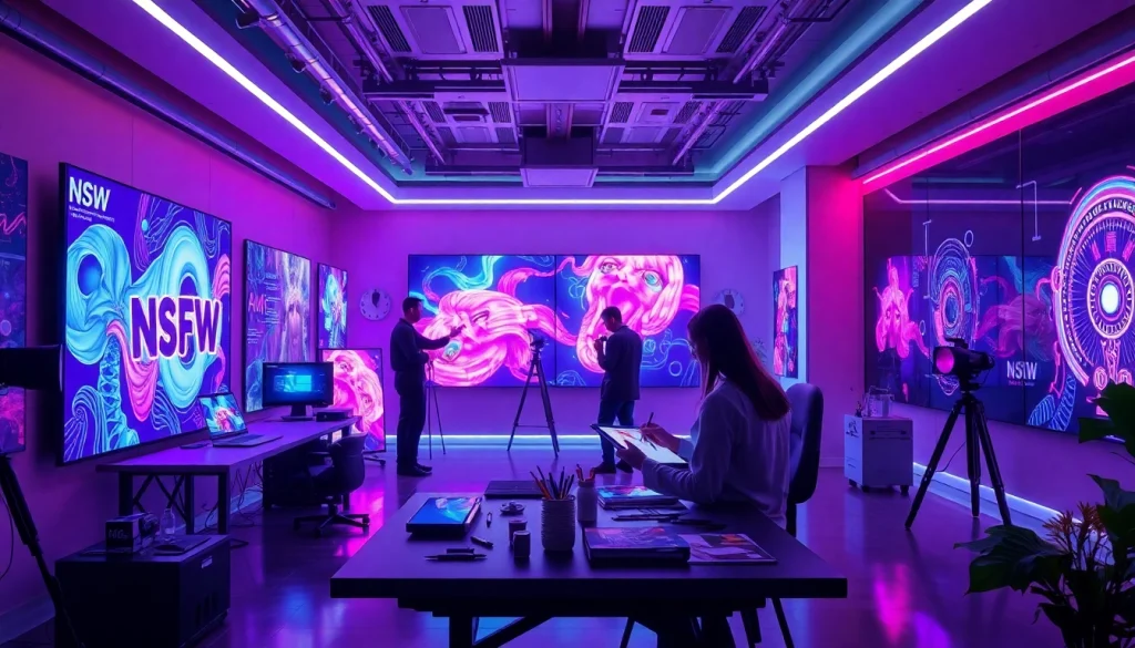 Engaging scene of an AI nsfw art studio with artists and digital displays.