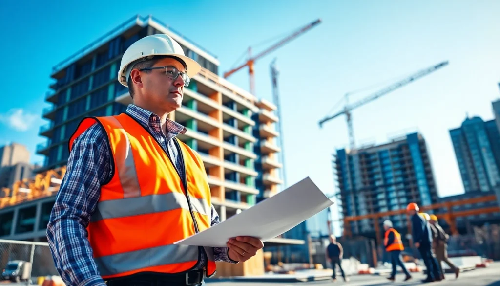Manhattan General Contractor directing construction work with modern architecture in progress.