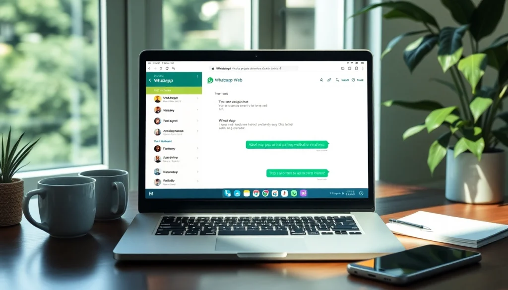 WhatsApp网页版在桌面上显示，展示温馨工作区中的现代通信功能。