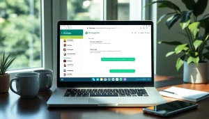 WhatsApp网页版在桌面上显示，展示温馨工作区中的现代通信功能。