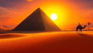 Experience the majestic piraminds of Giza under sunset, surrounded by natural elegance.