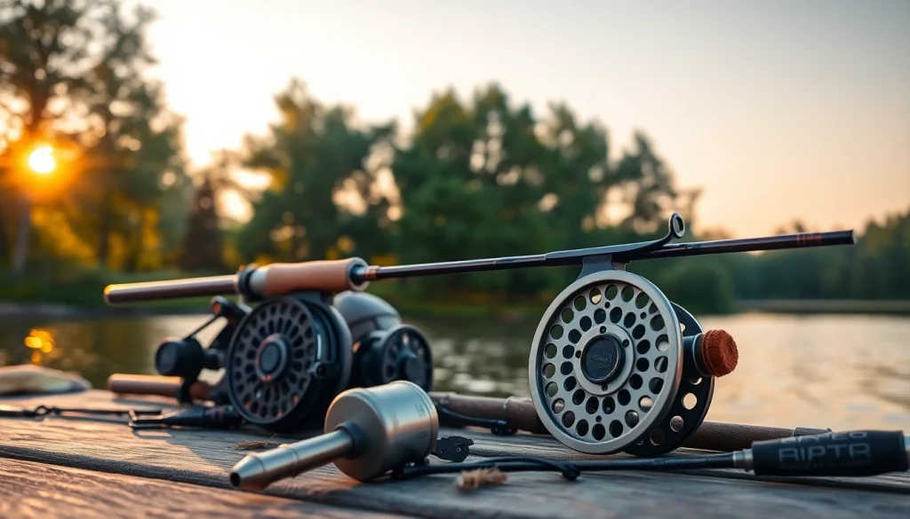 Showcase a Fly fishing combo in a serene lakeside setting, enhancing the fishing experience.