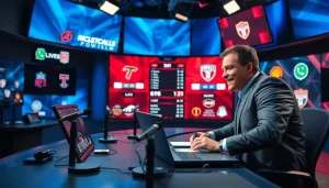 Engaging professional in sports broadcasting studio presents live sports highlights.