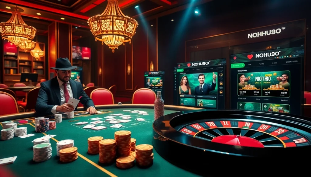 Players engaging in a thrilling game at NOHU90 casino table with vibrant poker chips and cards.