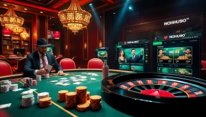 Players engaging in a thrilling game at NOHU90 casino table with vibrant poker chips and cards.