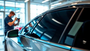 Showcase of window tinting Cleveland TN on a vehicle by skilled professionals in a modern showroom.