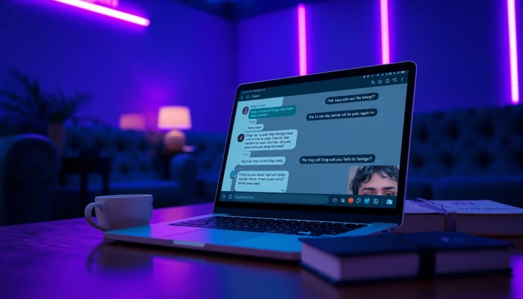 Engaging NSFW AI chatbot interaction displayed on a laptop in a cozy lounge setting.