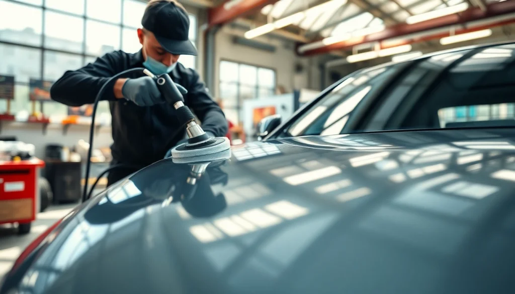 Showcasing auto detailing Cleveland TN with a detailer polishing a car in bright sunlight.