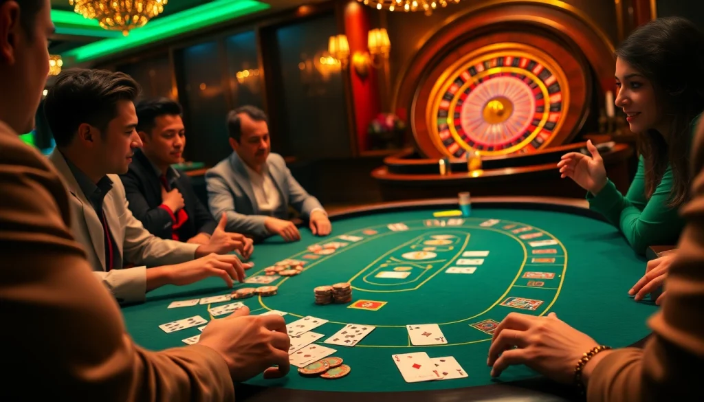 Players enjoying an MMOO-themed poker game at a luxurious casino table, highlighting excitement.