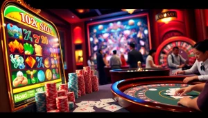 Experience the thrill of idnslot with vibrant gaming visuals featuring slots and poker tables.