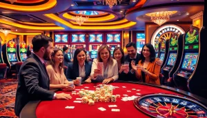 Gamblers enjoying a win at the idnslot area with exciting slot machines and roulette wheel.