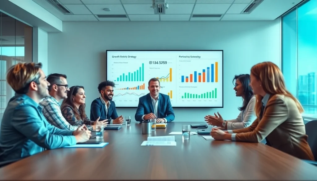 Engaged team discussing growth strategy trends in a professional conference setting.