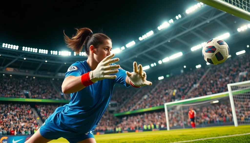 ติดตามผลบอลบ้านอย่างใกล้ชิดเมื่อผู้รักษาประตูทำการเซฟในสนามฟุตบอล.