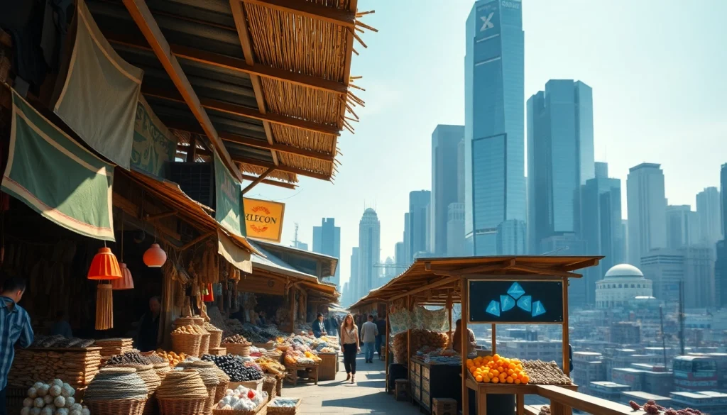 Visual comparison of the traditional economy with a marketplace and modern city.