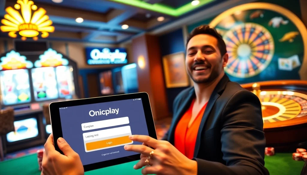 Engaging online gambling scene with Onicplay slot machine and tablet interface.