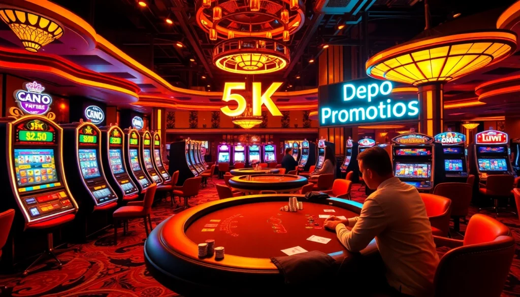 Adegan kasino yang menarik yang menampilkan promosi "depo 5k" dengan permainan yang hidup di meja poker dan slot.