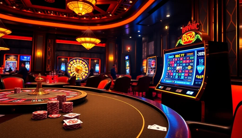B52 club players engaging at a vibrant casino table with poker chips and cards.