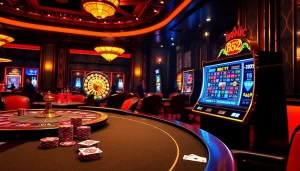 B52 club players engaging at a vibrant casino table with poker chips and cards.