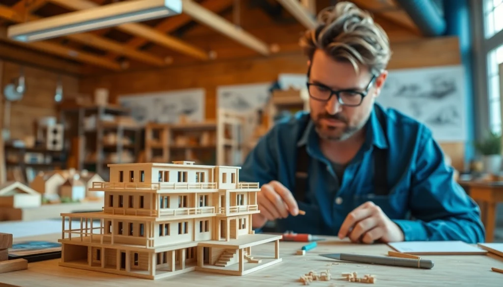Detailiertes architekturmodellbau Freiburg in einem kreativen Atelier mit handwerklichen Elementen.