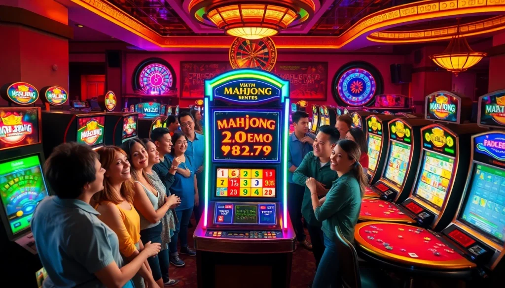 Players enjoying a Mahjong slot demo experience at a vibrant casino featuring exciting lights and game action.