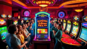 Players enjoying a Mahjong slot demo experience at a vibrant casino featuring exciting lights and game action.