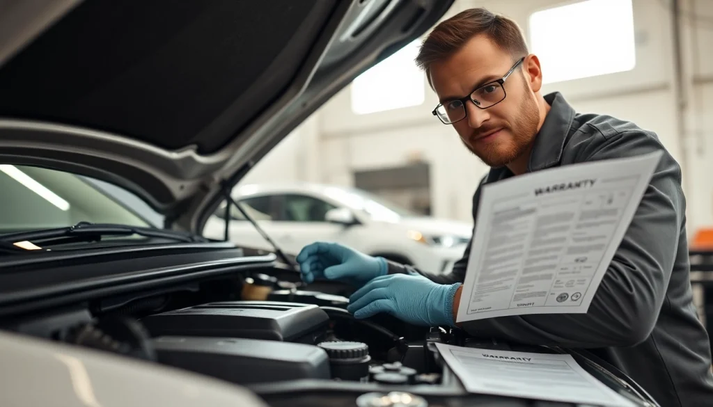 Examine extended car warranty for used cars with a mechanic working on an engine in a bright garage.