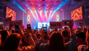BTS news highlights fans celebrating at a concert with vibrant energy and excitement.