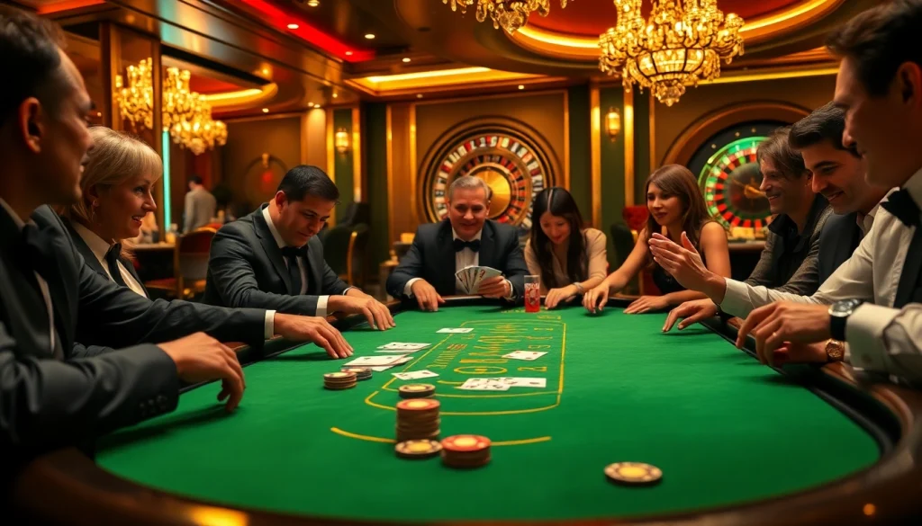 XSMB247 gamers enjoying an exciting poker match at a luxurious casino table with vibrant chips and cards.