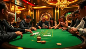 XSMB247 gamers enjoying an exciting poker match at a luxurious casino table with vibrant chips and cards.