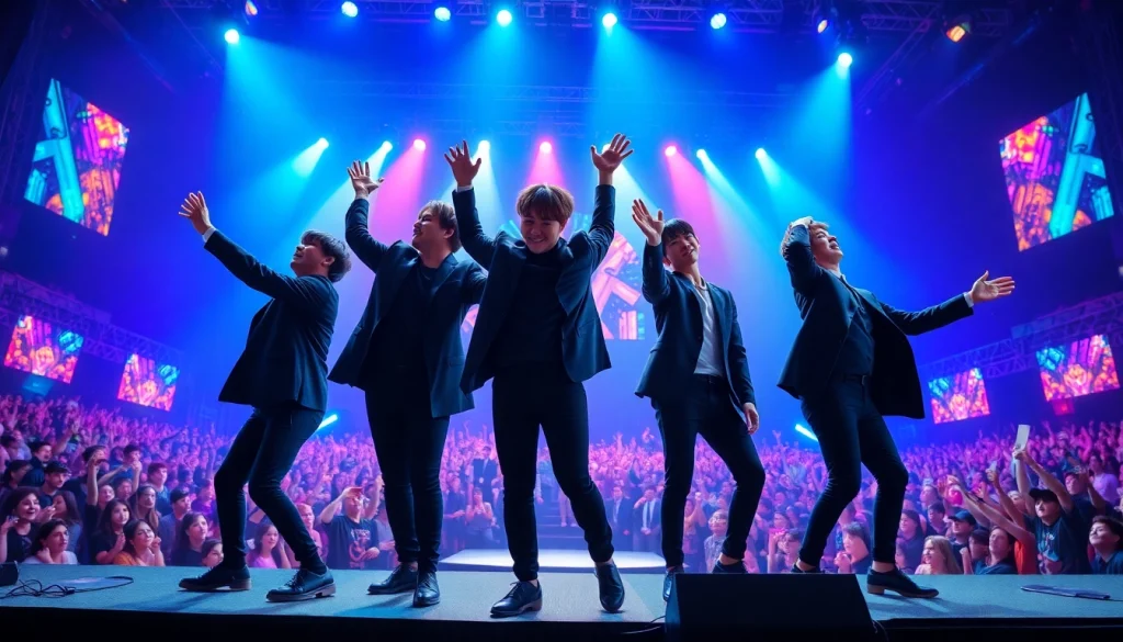 Engaging BTS news updates with the band performing energetically on stage.