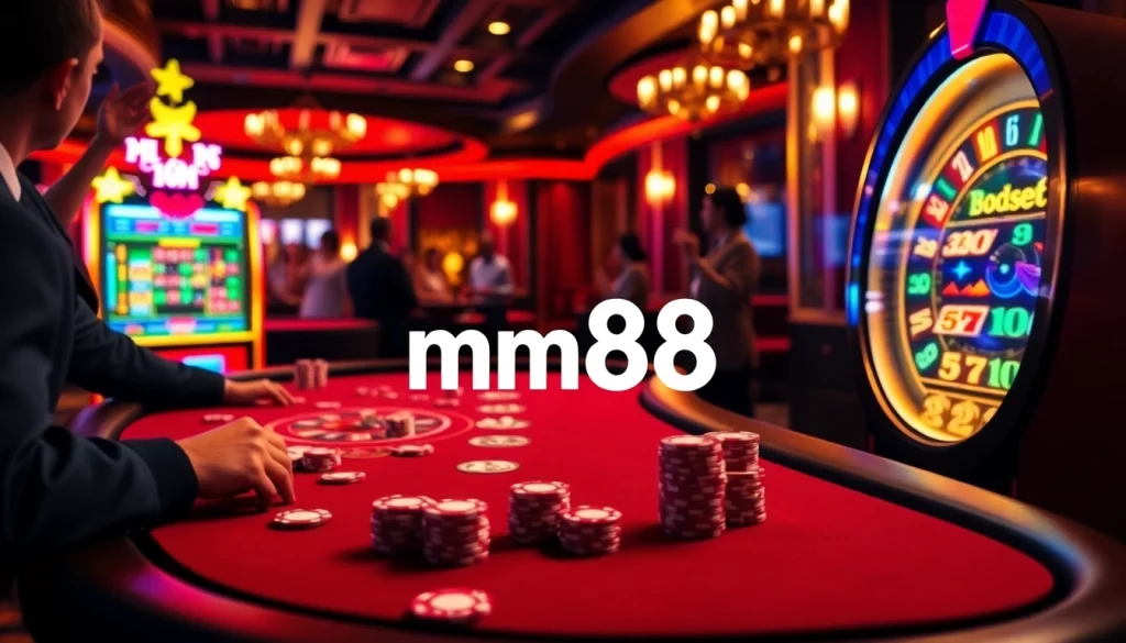 Experience thrilling moments at mm88 with an engaging poker table and vibrant slot machines.