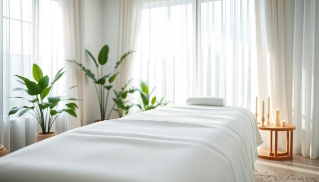 차분한 색상과 자연광이 가득한 평화로운 스파 환경에서의 스웨디시 마사지 설정.