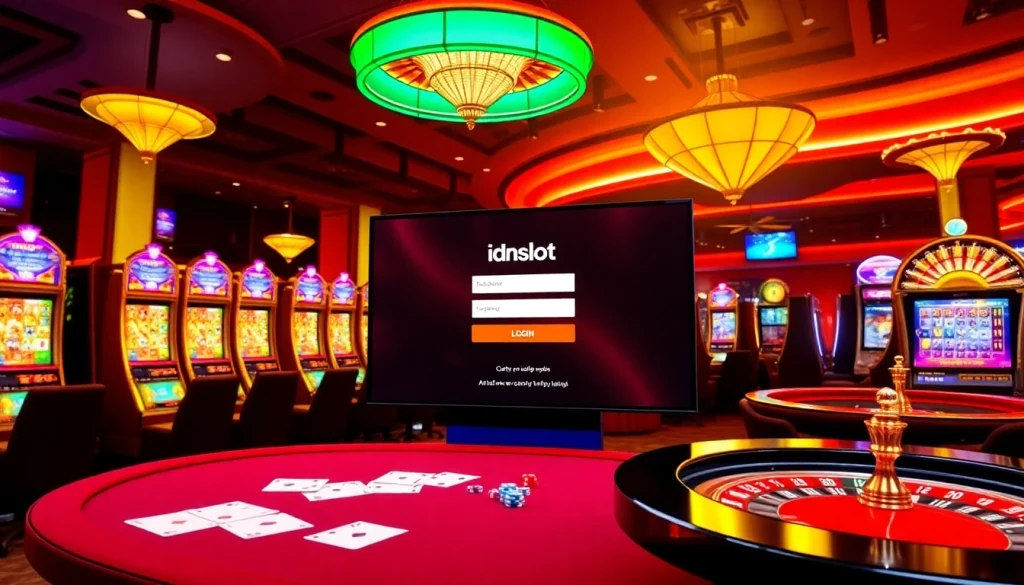 Exciting gameplay with idnslot displayed on a vibrant casino screen, surrounded by slot machines.