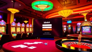 Exciting gameplay with idnslot displayed on a vibrant casino screen, surrounded by slot machines.