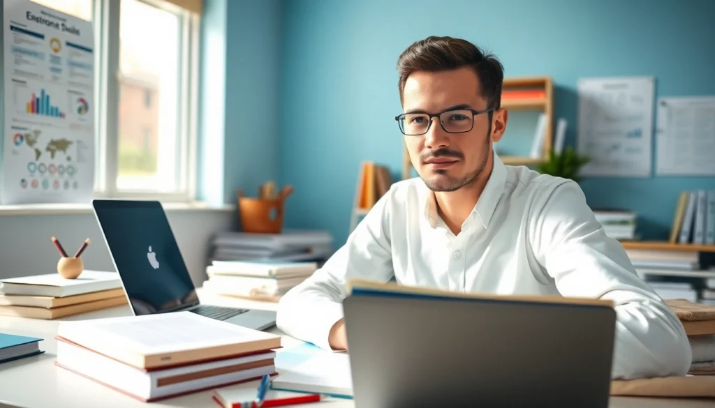Focused individual studying to pass IT certification exams surrounded by organized materials.