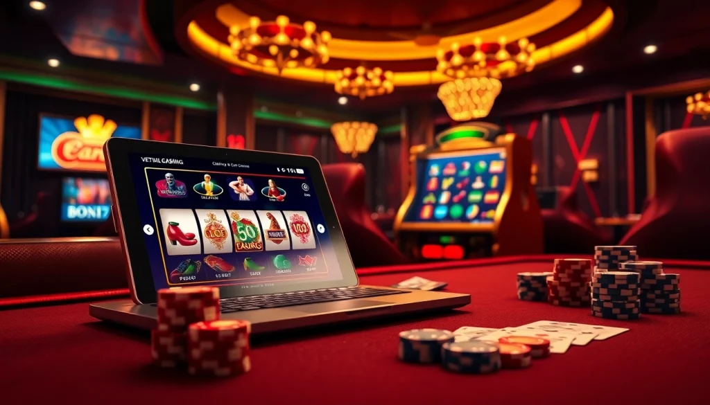 PEN4D login visualizes an exciting online casino experience with vibrant slot machines and poker elements.