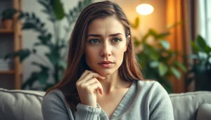 A contemplative woman exhibiting depression symptoms in a soothing therapist's office.
