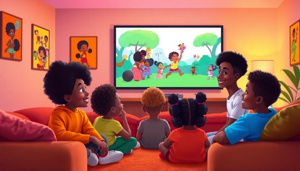 A diverse group of kids enjoying African American cartoons in a cozy living room, highlighting representation and joy.