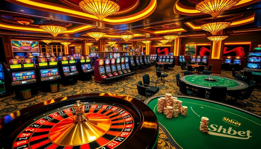 Shbet casino scene with roulette, slot machines, and poker tables highlighting excitement in gambling.