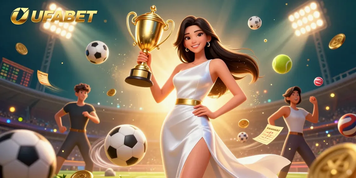 Experience the excitement of UFABET with a victorious character holding a trophy amidst dynamic sports betting elements.